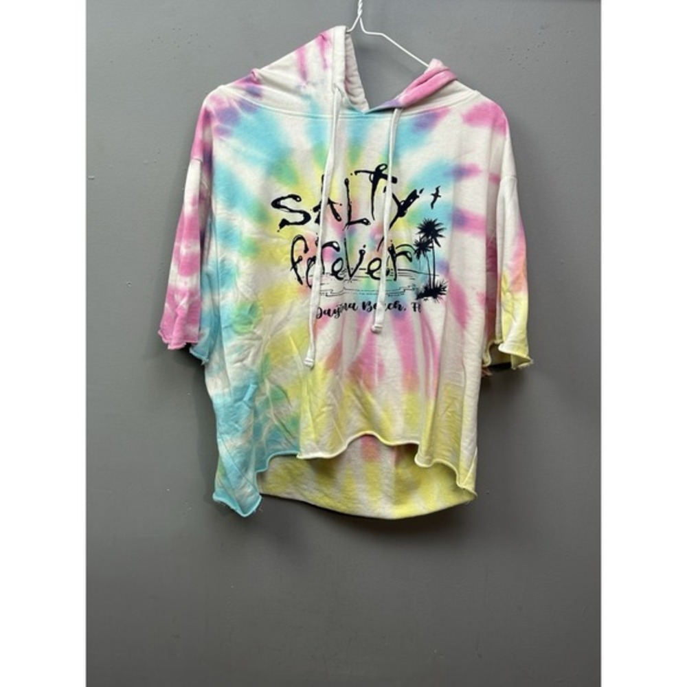 Salty Fever Daytona Beach FL Tie Dye‎ Hoodie Cut Off Large Sweatshirt Retro